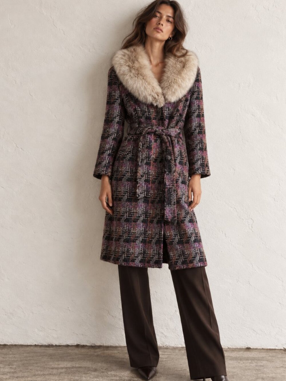Vintage Wool Multicolor Pea Coat with Fur Collar